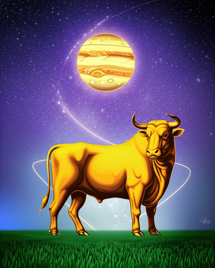 Иллюстрация, символизирующая процветание и стабильность под влиянием транзита Юпитер в Телец 2025 прогноз, с изображением золотого быка на фоне звёздного неба.