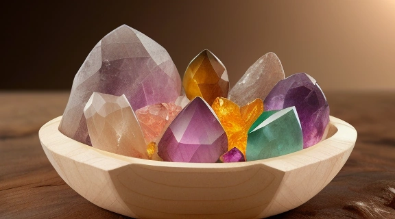 Коллекция роскошных ювелирных кристаллов фэн шуй талисманы, расположенных на деревянной поверхности среди зелени, излучающих мягкое свечение.