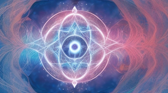 Слияние древних каббалистических символов и современных научных представлений, иллюстрирующее Каббалу в философии и науке.