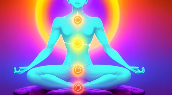 Иллюстрация, показывающая как активизировать чакры: светящиеся энергетические центры вдоль позвоночника медитирующего человека.