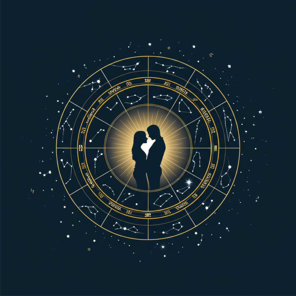 Стилизованное изображение, где показано, как анализировать отношения через астрологию с помощью зодиакального круга и планет