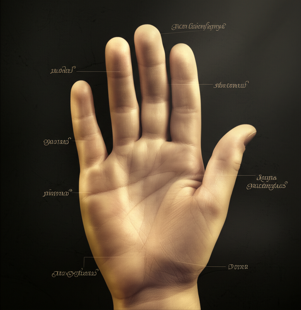 Детальное изображение руки с подписями, объясняющее, как читать линии на ладони.