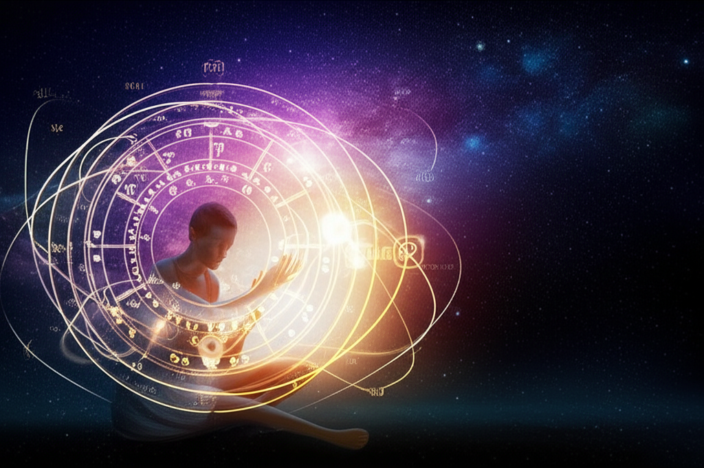 Детальное изображение, демонстрирующее, как читать транзиты в натальной карте, с изображением звездного неба, космических объектов и человека, размышляющего над астрологической картой.