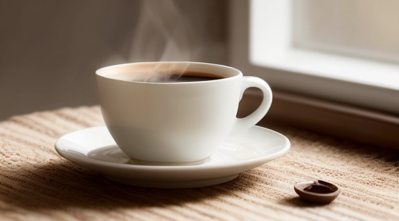 Белая фарфоровая чашка с кофейной гущей, перевернутая на блюдце, демонстрирует символы для того, как гадать на кофейной гуще.