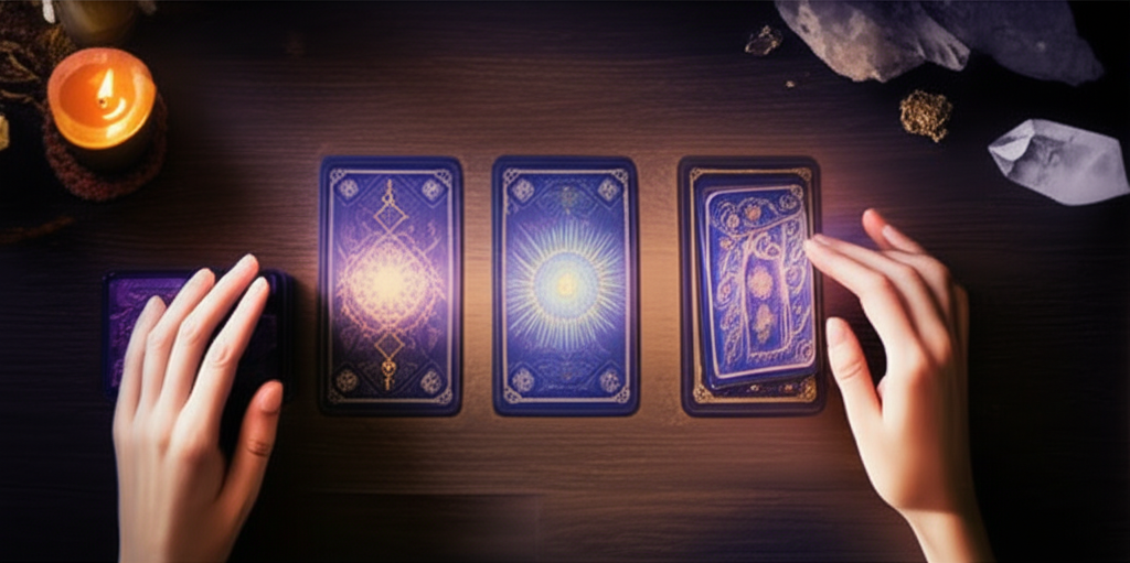 Человек раскладывает карты, чтобы гадать таро самому на столе при свечах