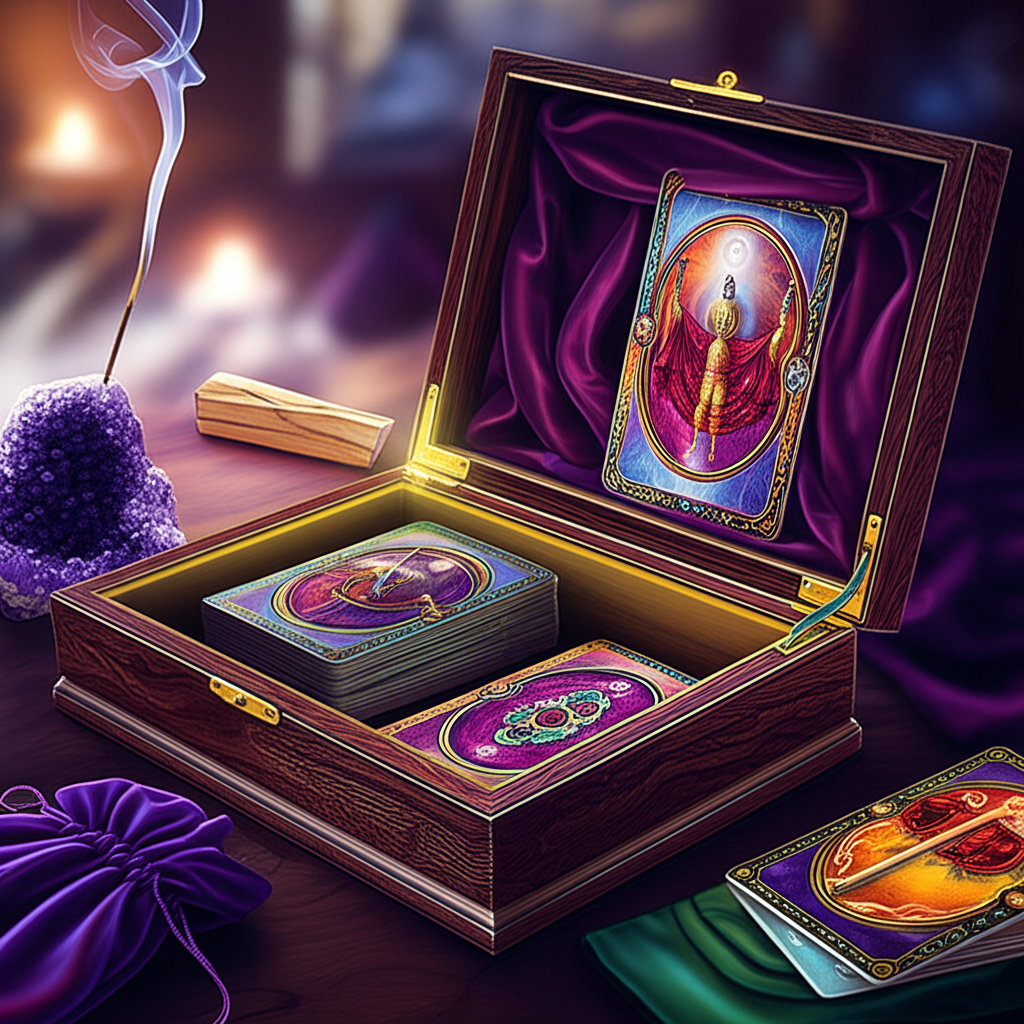 Деревянная шкатулка и шелковый мешочек, содержащие колоды Таро, расположенные на алтаре с кристаллами и благовониями, демонстрируя, как хранить колоду таро дома правильно.