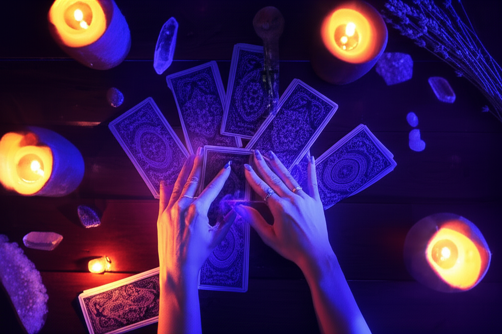 Мистическая сцена, иллюстрирующая, как и когда гадать: руки раскладывают карты таро при свечах.