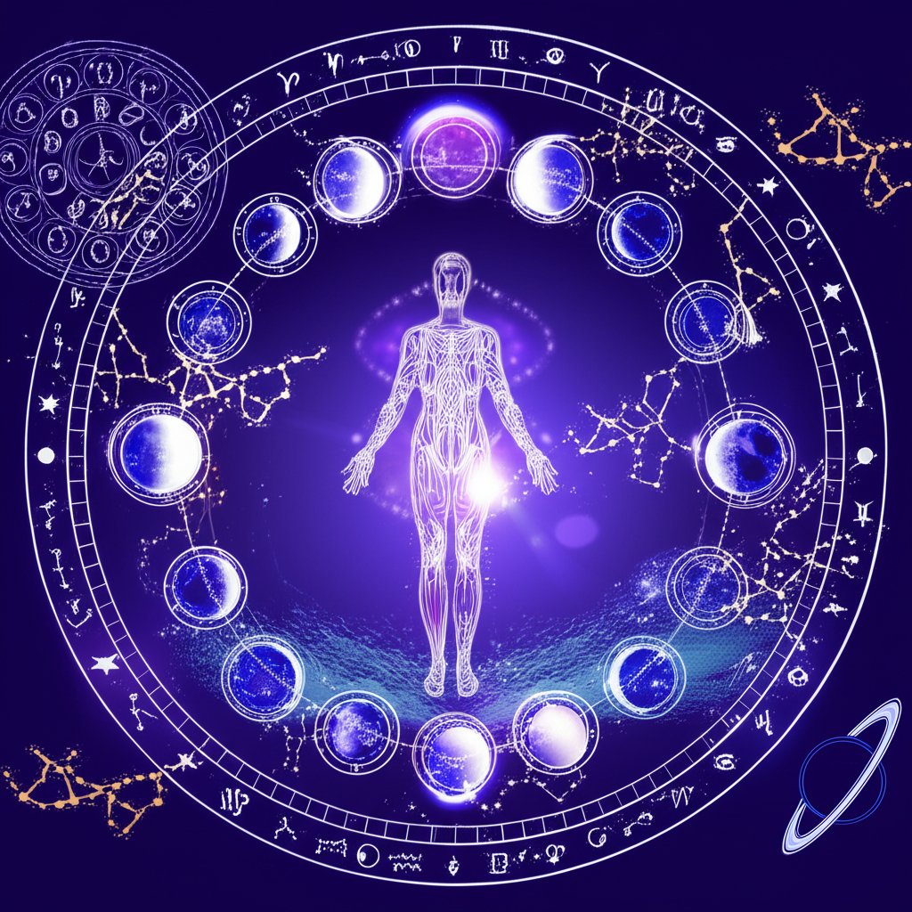 Визуализация процесса, как использовать астрологию для планирования, с элементами звездного неба, абстрактной фигурой человека и астрологическими диаграммами, символизирующими гармонию с космическими циклами.