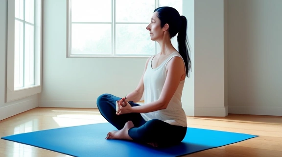 Спокойная женщина медитирует, находя внутренний покой, что помогает понять, как избавиться от эмоционального голода и преодолеть его причины.