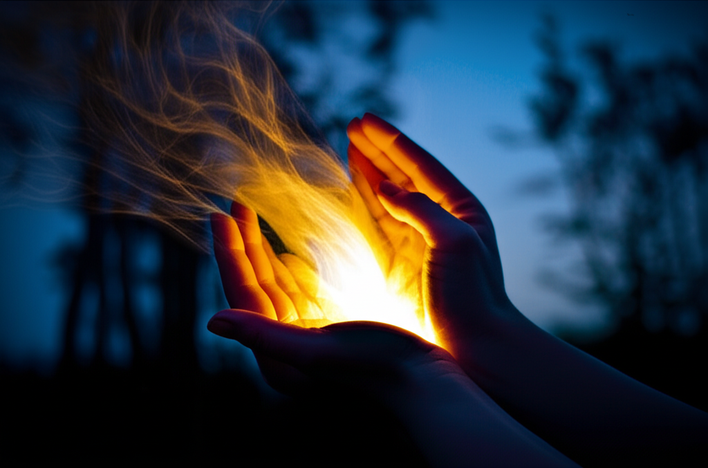 Светящиеся ладони, разгоняющие тьму, как символ того, как избавиться от наговора и негативной энергии.
