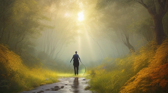 Человек шагает навстречу рассвету, оставляя позади темный лес, символизируя, как избавиться от пагубных пристрастий и обрести новую, светлую жизнь.