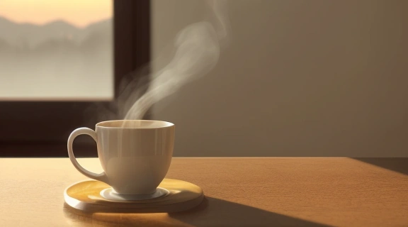 Человек, наслаждающийся травяным чаем на рассвете, символизирующий успешное преодоление того, Как избавиться от привычки пить кофе.