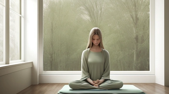 Спокойный человек медитирует в залитой мягким светом комнате, демонстрируя, как избежать стресса через практики осознанности.