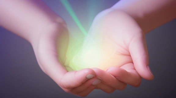 Изображение демонстрирует, как измерять биополе, показывая человеческую руку, окруженную тонким, светящимся энергетическим полем.