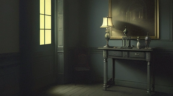 Туманная фигура привидения в старинном особняке, демонстрирующая, как найти привидение в условиях низкой освещенности.