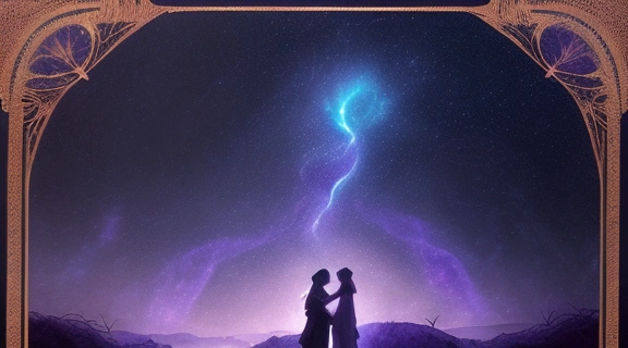 Иллюстрация, объясняющая, как найти вторую половинку астрология, изображающая людей под звездным небом с астрологическими символами.