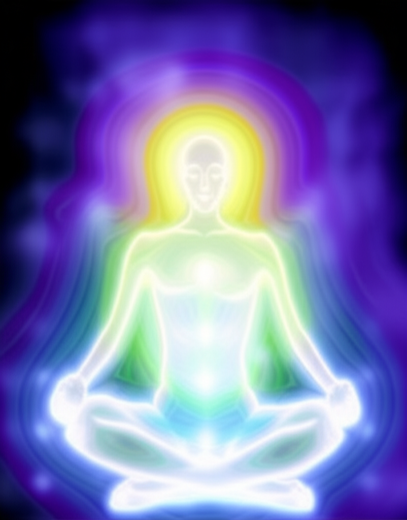 Иллюстрация, объясняющая, как научиться видеть ауру человека: фигура в медитации, окруженная разноцветным свечением.