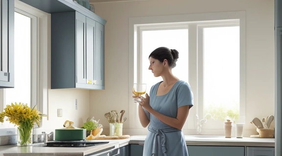 Спокойная женщина пьет воду на кухне вечером, размышляя, как не есть после шести для поддержания здоровья.