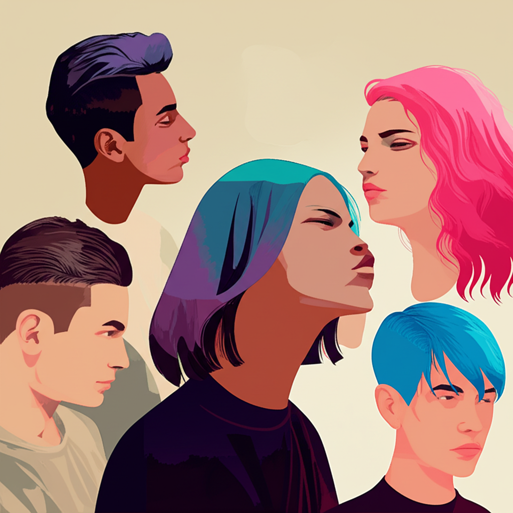 Иллюстрация с разными типами стрижек, чтобы определить характер по прическе