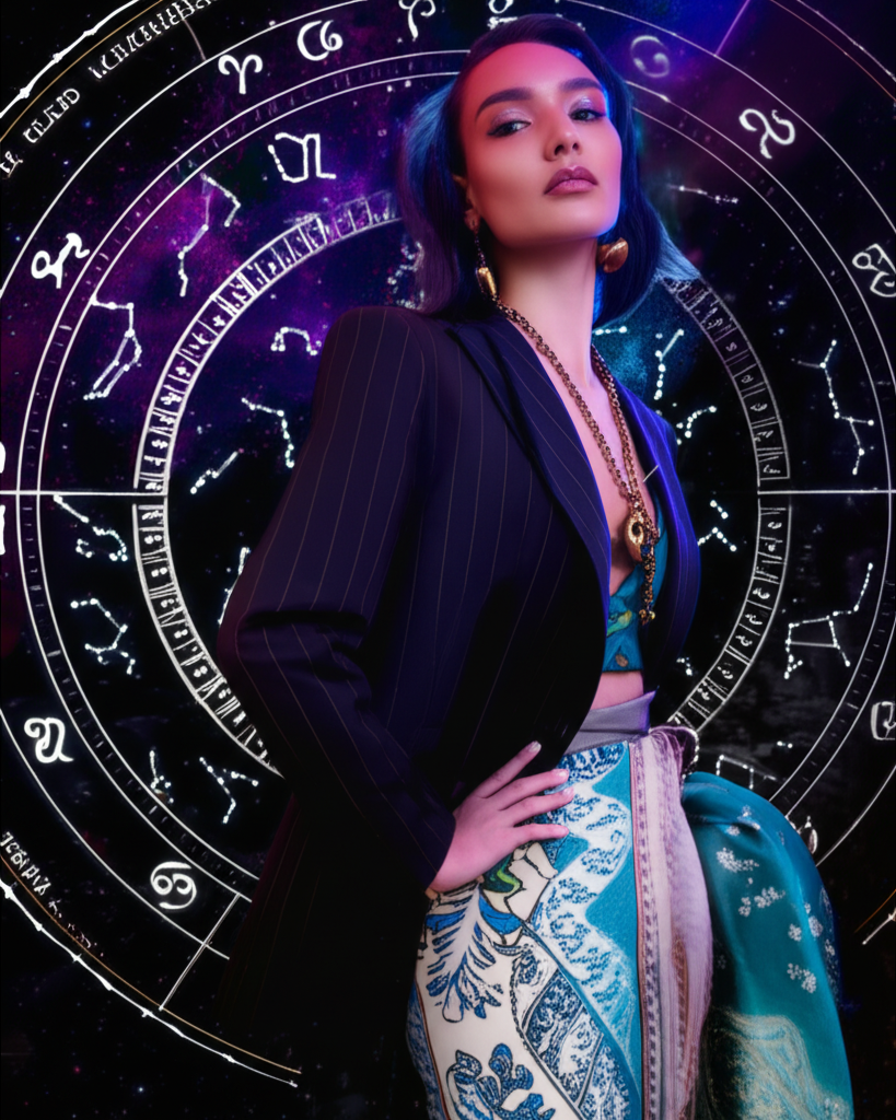 Стильная девушка на фоне зодиакальной карты, чтобы определить стиль по знаку Зодиака модные советы.