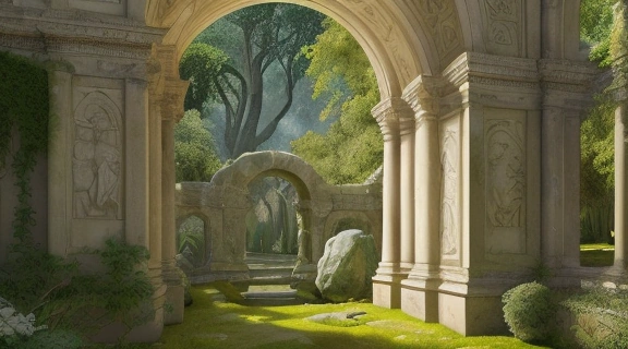 Фантастическая сцена, где солнечный свет оживляет статуи в древнем саду, символизируя как оживлять статуи.