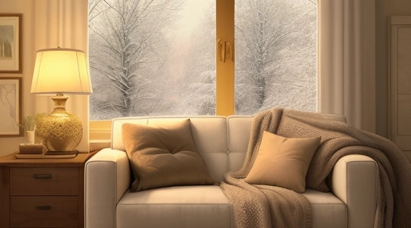 Уютная сцена, демонстрирующая, как поднять настроение зимой, с человеком, наслаждающимся горячим напитком у окна, за которым видны заснеженные деревья, создающая атмосферу тепла и спокойствия.