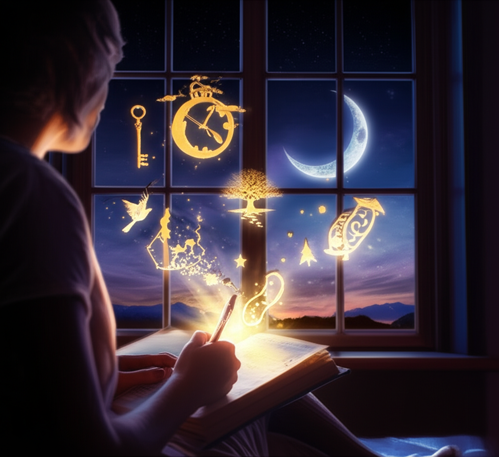 Человек анализирует дневник, чтобы как понять свой сон, в окружении символических образов.