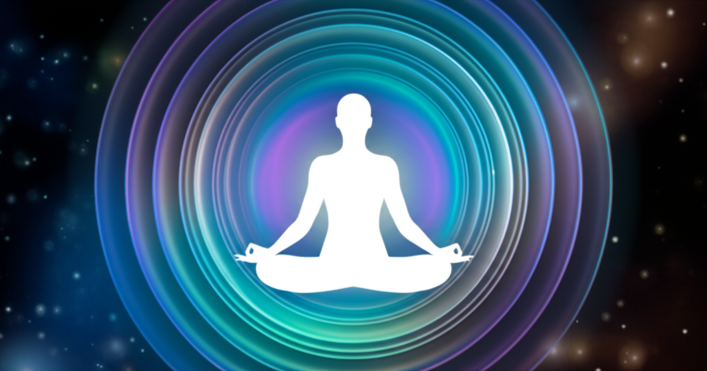 Человек медитирует, чтобы понять, как поставить энергетическую защиту в виде светящегося кокона.