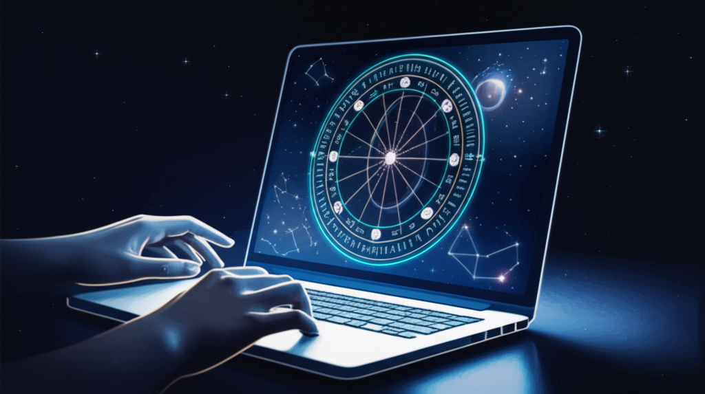 Человек анализирует, как построить натальную карту бесплатно с полным объяснением, на экране ноутбука.