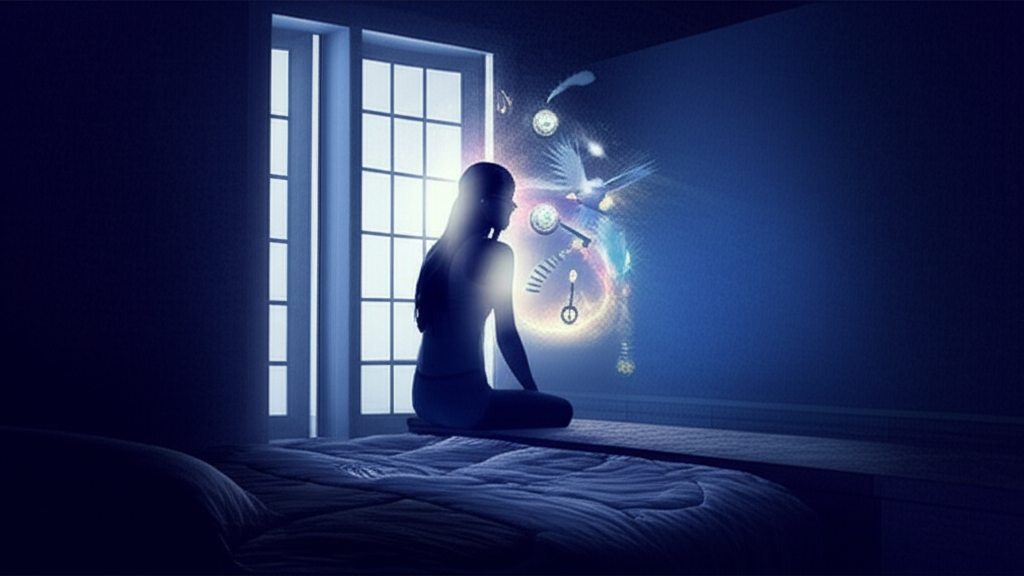 Человек сидит на кровати и пытается истолковать свой сон, глядя на символы.
