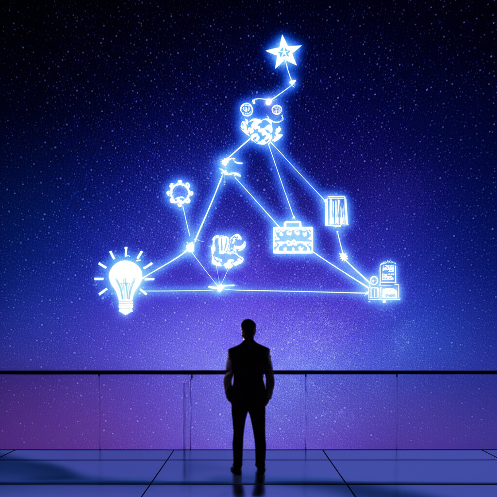 Символическое изображение того, как притянуть работу: человек смотрит на карьерный путь, нарисованный звездами на небе.