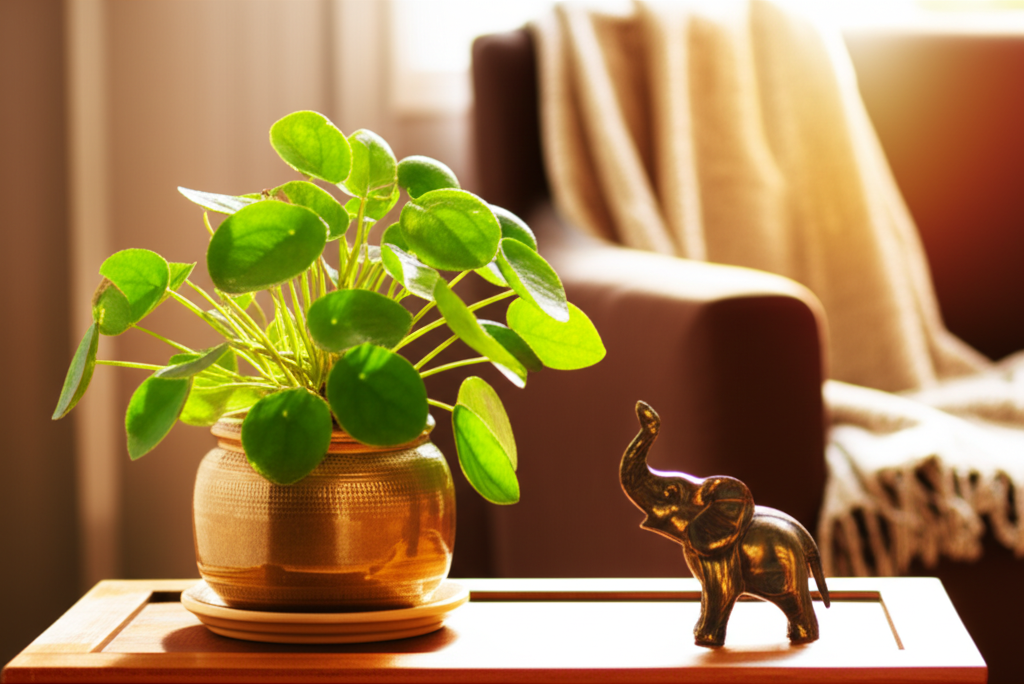 Композиция из символов, которые помогают понять, как привлечь удачу в дом: денежное дерево и фигурка слона в солнечном свете.