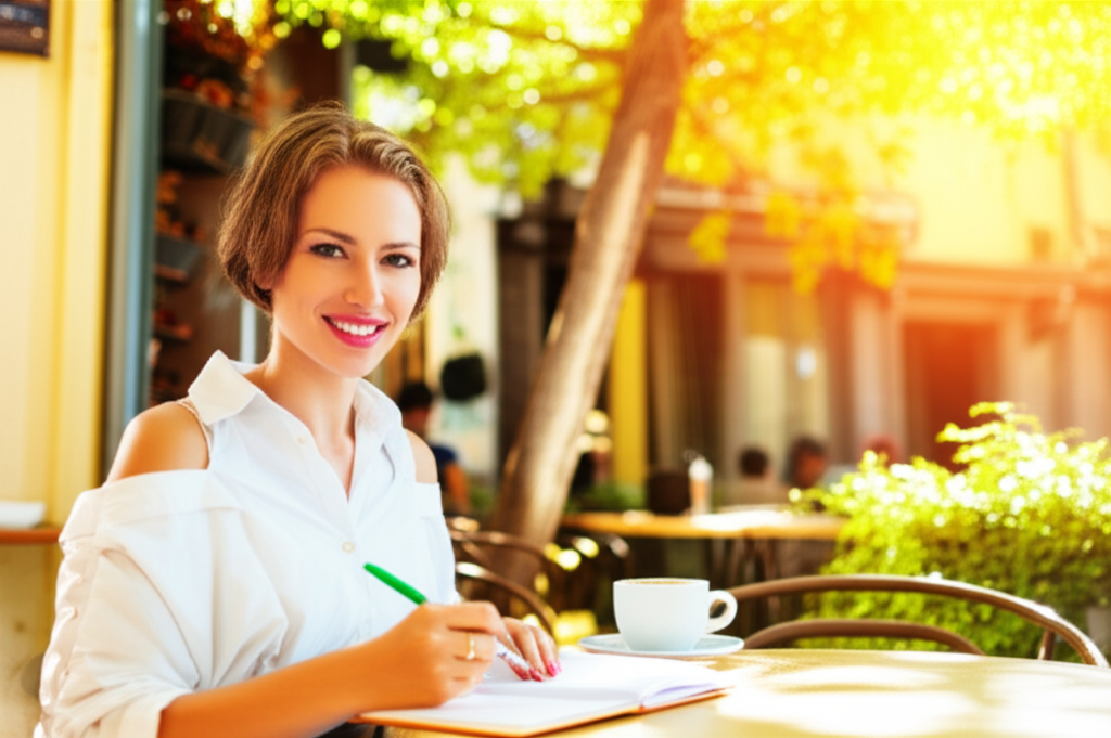 Уверенная и счастливая женщина, знающая, как привлечь жениха, рисует в блокноте за столиком в кафе.