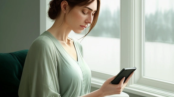 Задумчивая девушка сидит у окна с телефоном в руках, размышляя, как приворожить парня на расстоянии, и мечтает о встрече с ним.