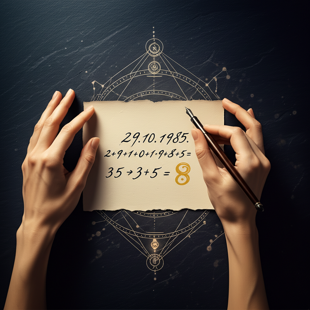 Руки нумеролога над пергаментом показывают, как рассчитать число судьбы по дате рождения.