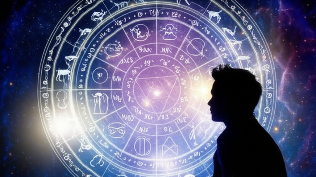 Иллюстрация, показывающая как рассчитать натальную карту бесплатно, с изображением человека, изучающего сияющую астрологическую карту на фоне космоса.