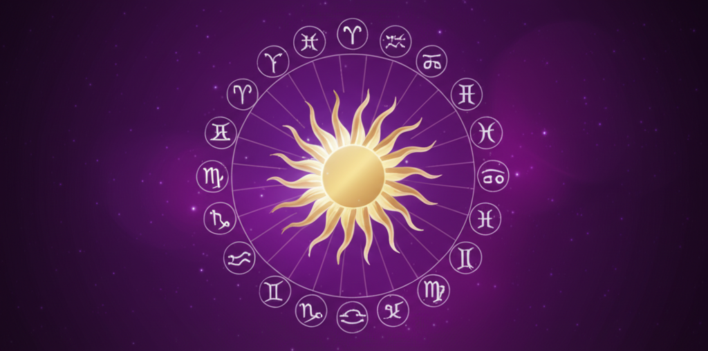 Стилизованное изображение, иллюстрирующее, как рассчитать соляр, с зодиакальным кругом и планетами.