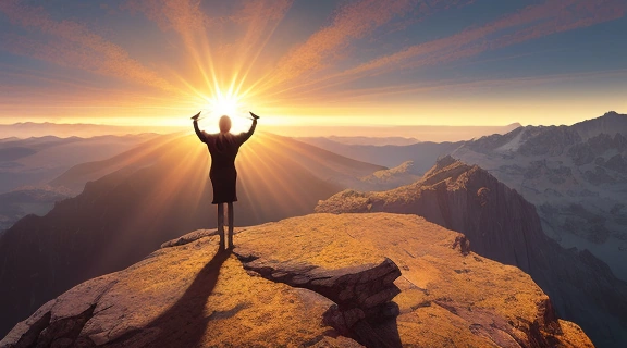 Человек на вершине горы встречает рассвет, чтобы разбудить драйв и обрести новую энергию.