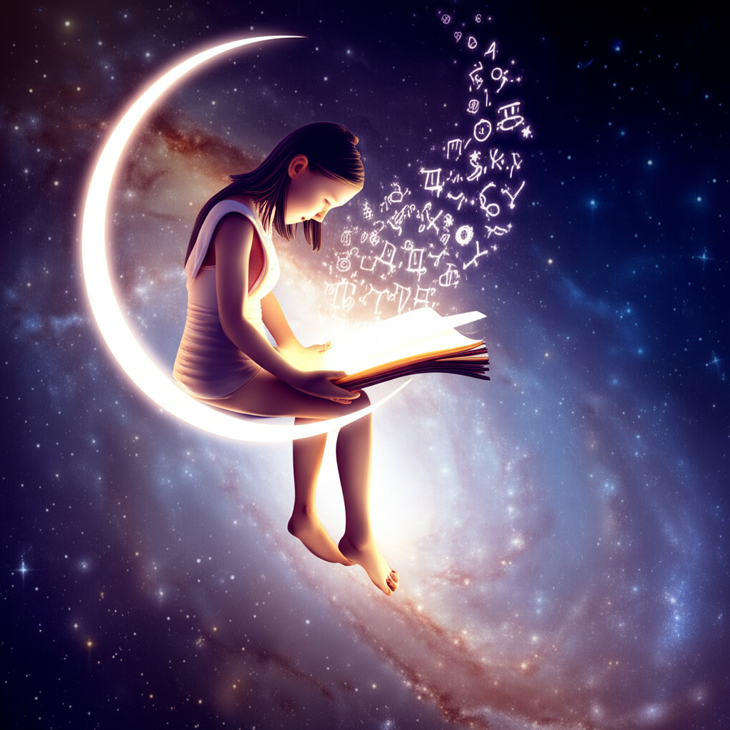 Человек сидит на луне и ведет дневник, чтобы как разгадать свои сны, окруженный звездами.