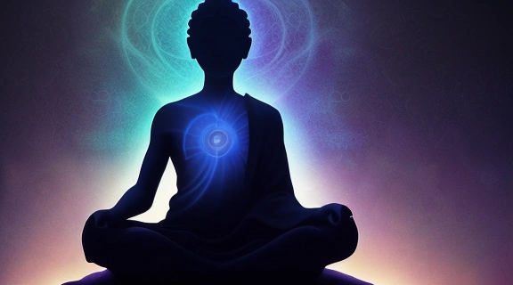 Человек медитирует, излучая свет из области третьего глаза, символизирующий Как развить ясновидение и глубокое интуитивное прозрение.