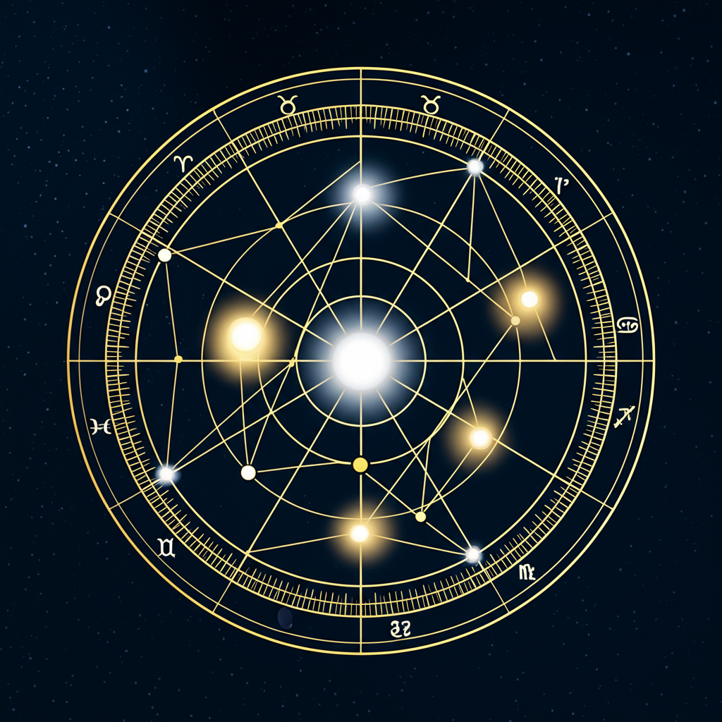 Стилизованное изображение, где можно посмотреть натальную карту с планетами и знаками зодиака.