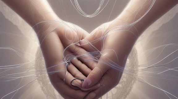 Изображение символизирует, как сделать отворот, показывая руки, разрезающие световую нить между двумя силуэтами, на фоне магического ритуала.