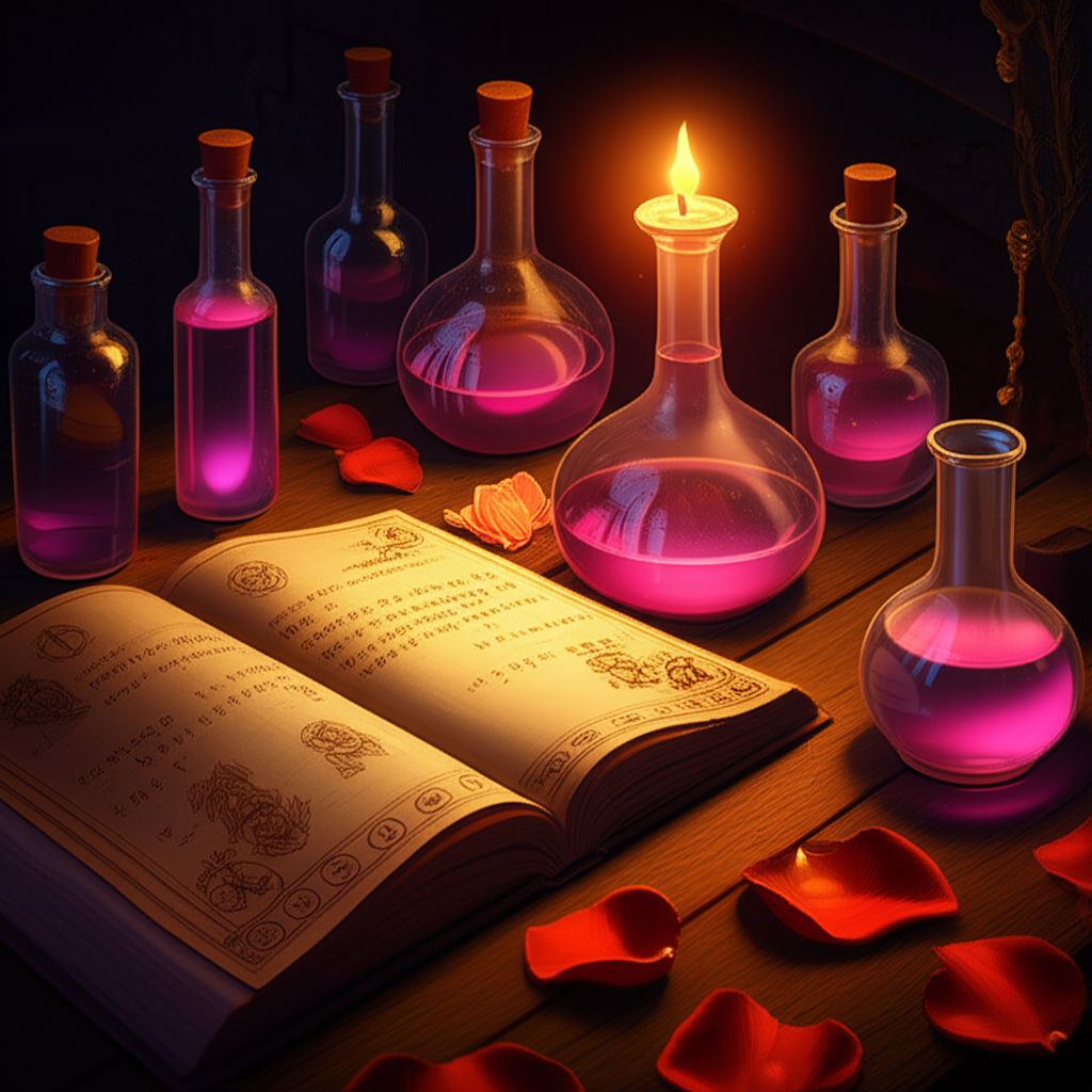 Старинная книга с рецептами и колбы, иллюстрирующие, как сделать зелье любви.