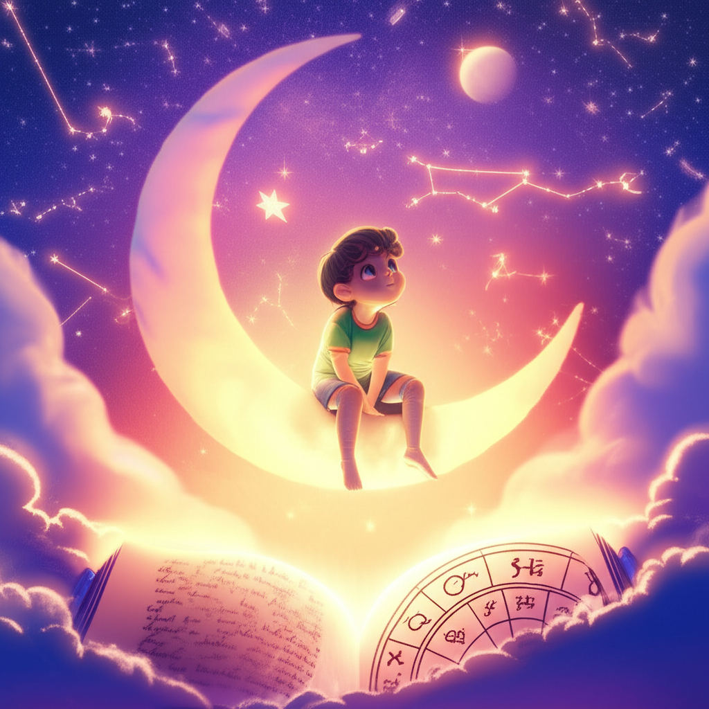 Иллюстрация, изображающая ребенка, смотрящего на звездное небо и астрологические символы, как составить натальную карту для ребенка