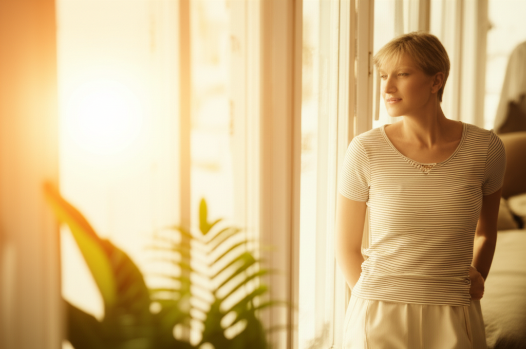 Спокойная женщина у окна, которая знает, как стать увереннее в себе советы для женщин.