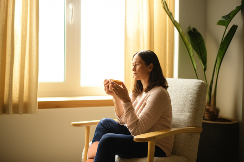 Спокойный человек сидит у окна с чашкой чая, демонстрируя, как угодить себе через простые моменты радости.