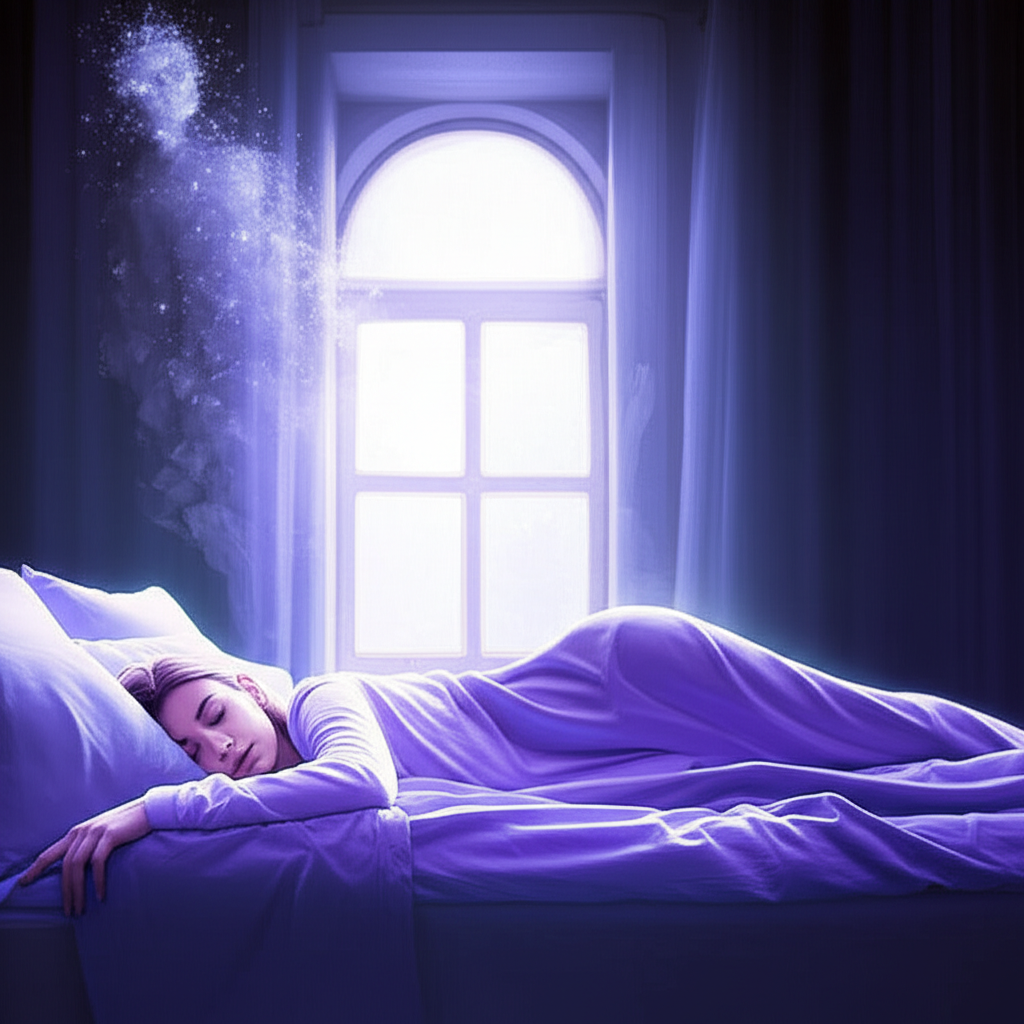 Иллюстрация, которая показывает, как увидеть человека во сне, с изображением спящего и возникающего над ним образа.