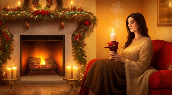 Девушка гадает на воске при свечах у камина, пытаясь Узнать судьбу на рождество в атмосфере старинных традиций.