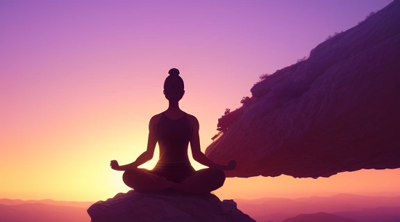 Силуэт человека, медитирующего на вершине горы на рассвете, символизирующий как воспитать силу воли и достичь внутренней гармонии.