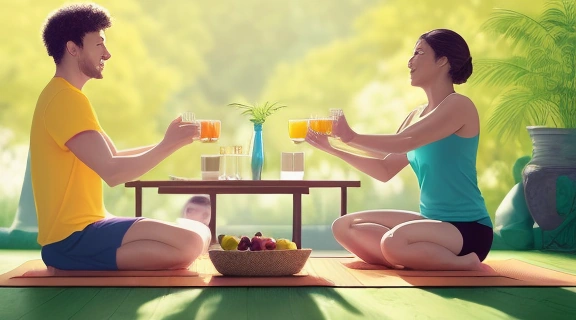 Группа людей демонстрирует различные аспекты здорового образа жизни на природе, показывая, как всегда быть в тонусе через движение, медитацию и правильное питание.